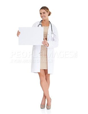 Buy stock photo Doctor, woman and poster mockup in studio for medical information, services and donation or presentation. Portrait of healthcare worker with paper space for clinic and news on a white background
