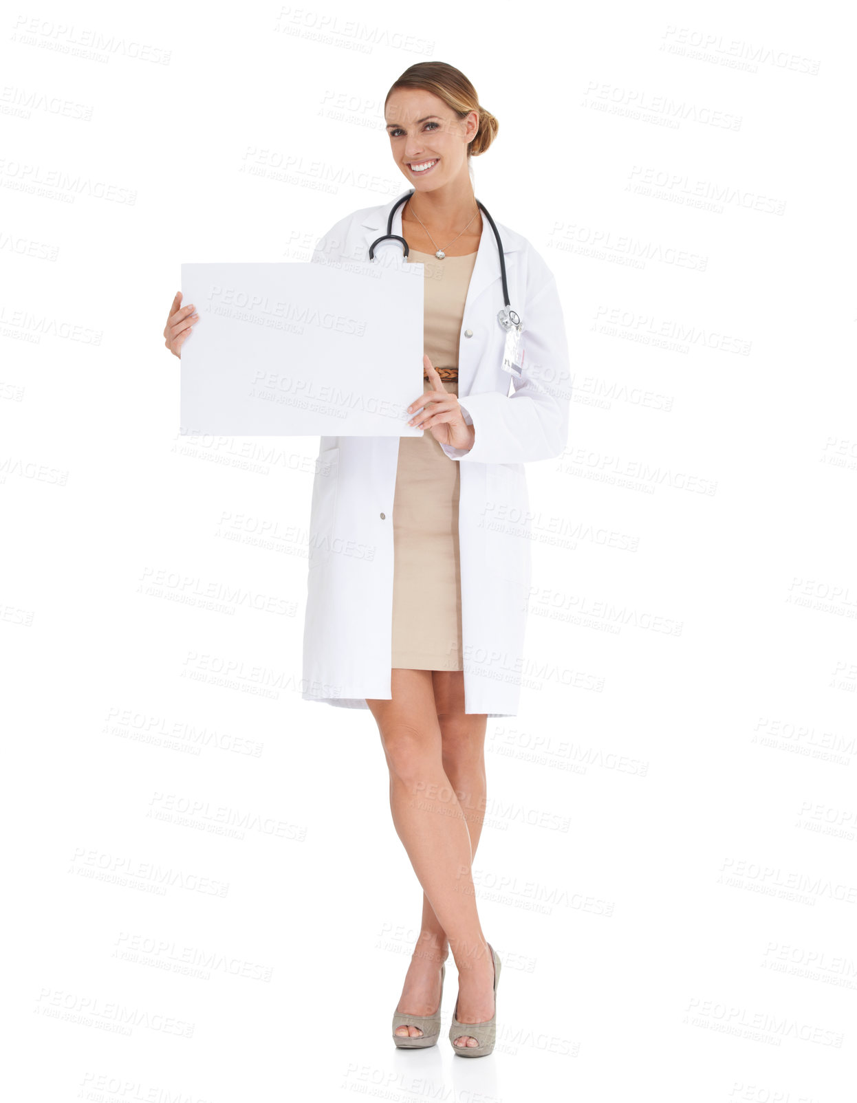 Buy stock photo Doctor, woman and poster mockup in studio for medical information, services and donation or presentation. Portrait of healthcare worker with paper space for clinic and news on a white background