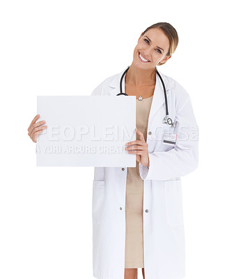 Buy stock photo Doctor, board or happy woman in portrait for poster, advertising or healthcare info in studio. White background, smile or medical professional with medicine announcement ads, paper or mockup space