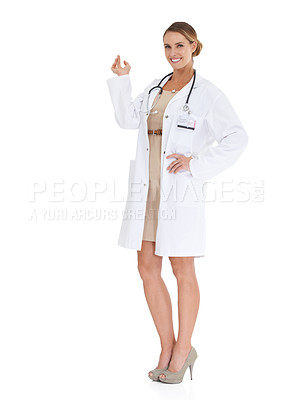 Buy stock photo Happy woman, white background or portrait of doctor pointing up at space isolated with smile. Help, advertising or confident nurse showing medical healthcare information, service or advice in studio