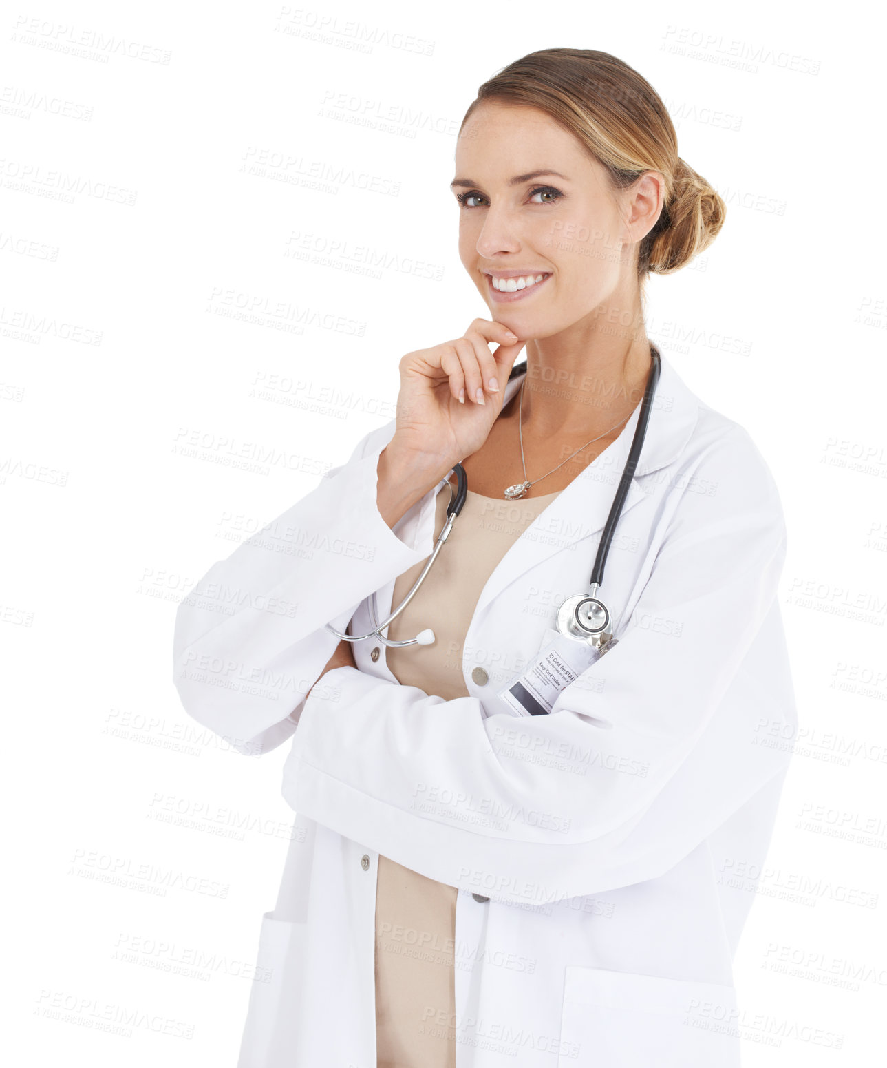 Buy stock photo Doctor, happy woman or portrait in studio with confidence or pride in medical career as cardiologist. Service, coat or proud medicine consultant with smile or healthcare isolated on white background