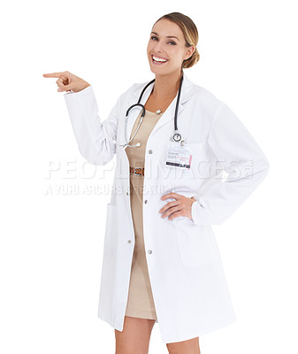 Buy stock photo A happy doctor gesturing towards the side - copyspace