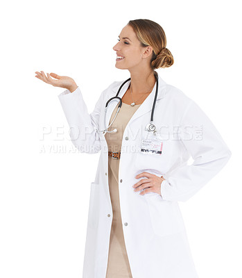 Buy stock photo Happy woman, smile or hand of doctor for mockup space, advice or medicine on white background in studio. Marketing, help or nurse showing medical healthcare information, wellness or advertising 