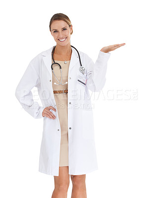 Buy stock photo Happy woman, hand or doctor in portrait for mockup space, advice or medicine on white background in studio. Marketing, smile or nurse showing medical healthcare information, wellness or advertising