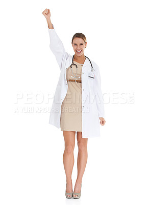 Buy stock photo Woman, doctor and celebration in portrait for healthcare in studio, wellness and insurance. Medical professional, happiness and medicare achievement or success, face and smile by white background