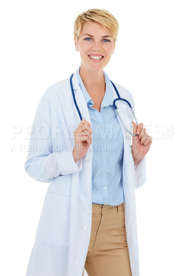 Buy stock photo A young female doctor standing against a white background
