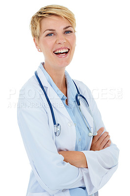 Buy stock photo Doctor, woman and arms crossed in portrait for healthcare, confident and happy with medical expert on white background. Cardiology specialist, pride and professional in health with smile in studio