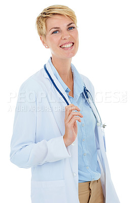 Buy stock photo Doctor, woman and smile in portrait for healthcare, confident and happy with medical expert on white background. Cardiovascular specialist, stethoscope and professional in health with pride in studio