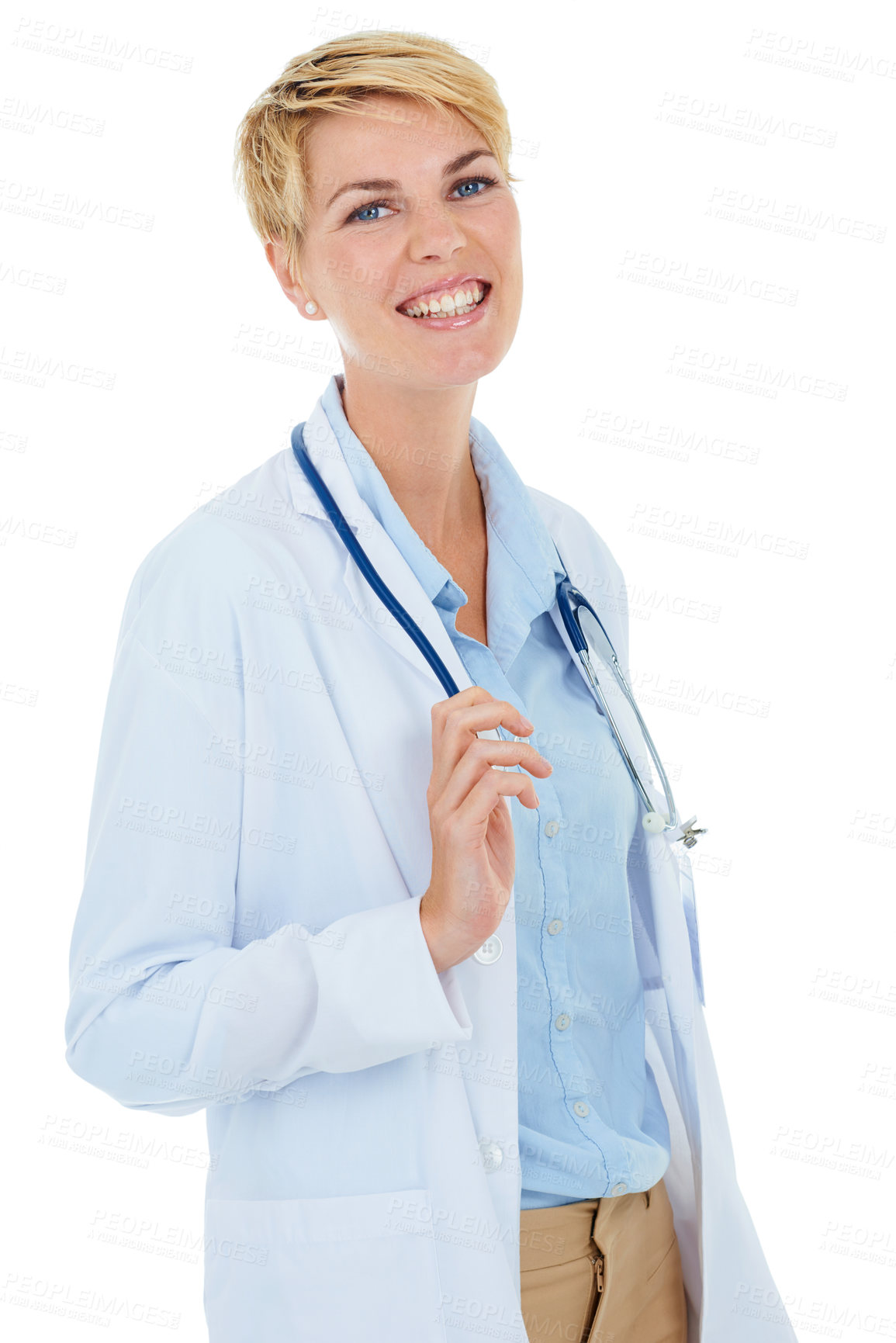 Buy stock photo Doctor, woman and smile in portrait for healthcare, confident and happy with medical expert on white background. Cardiovascular specialist, stethoscope and professional in health with pride in studio