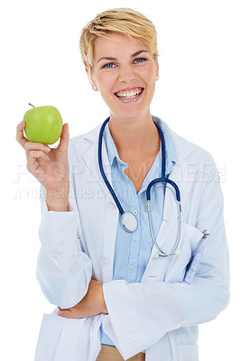 Buy stock photo Doctor, happy woman or apple in portrait with smile, wellness or  isolated on white background. Medical professional, fruit or physician with healthcare, promote healthy diet or nutrition in studio