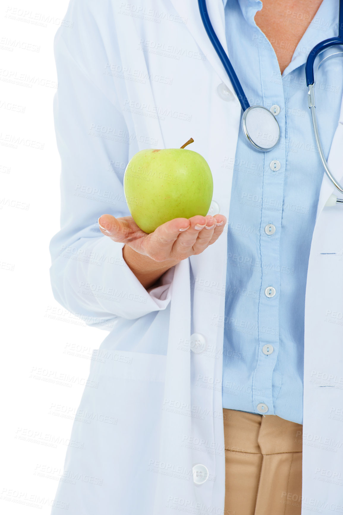 Buy stock photo Doctor, woman or apple in hands for wellness, detox or benefits isolated on white background. Medical professional, closeup or physician with healthcare, promote healthy diet or nutrition in studio