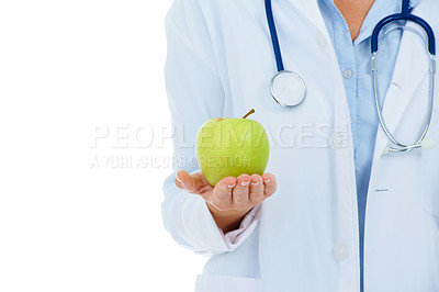 Buy stock photo Doctor, person or apple in hands for wellness, detox or benefits isolated on white background. Medical professional, closeup or physician with healthcare, promote healthy diet or nutrition in studio