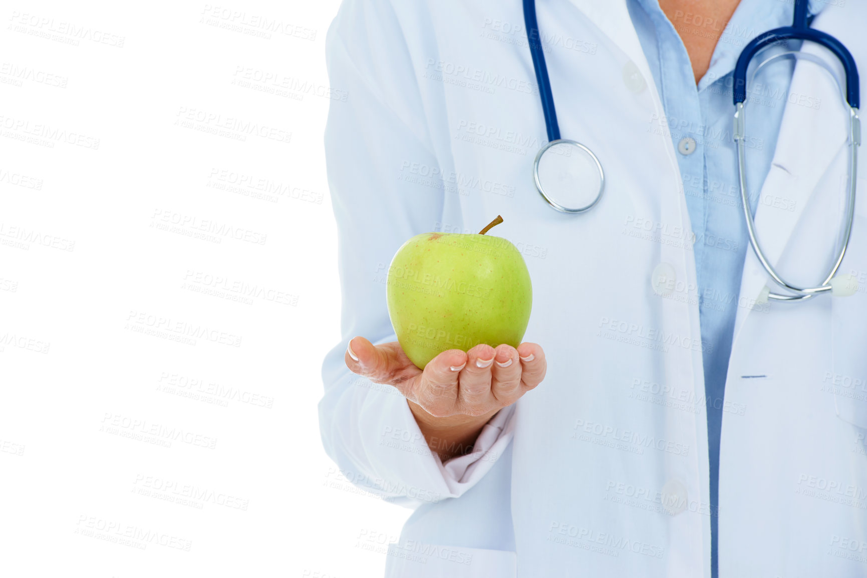 Buy stock photo Doctor, person or apple in hands for wellness, detox or benefits isolated on white background. Medical professional, closeup or physician with healthcare, promote healthy diet or nutrition in studio