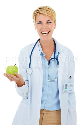 Buy stock photo Doctor, woman in portrait and apple for health and diet with nutritionist in studio, smile and wellness on white background. Healthy food, medical professional with fruit for nutrition or weightloss
