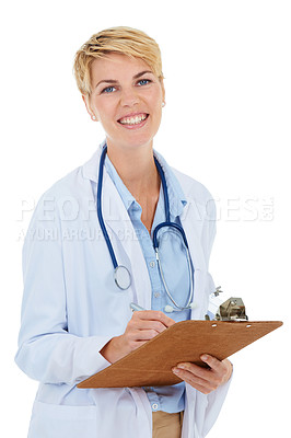 Buy stock photo A young female doctor writing on a clipboard