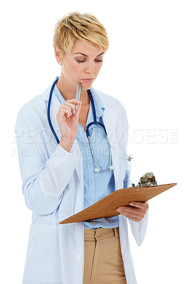 Buy stock photo Woman, doctor and thinking with documents in studio for medical checklist, problem solving or solution. Professional or healthcare worker with notes, clipboard and test analysis on a white background