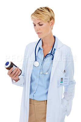 Buy stock photo Doctor, medicine and thinking or confused in studio for healthcare compliance, reading information or label. Medical worker or pharmacist with pills bottle, analysis or question on a white background