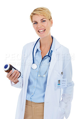Buy stock photo Woman doctor, medicine and portrait in studio for healthcare, pharmaceutical support and services. Medical worker, professional or pharmacist with pills bottle or pharmacy drugs on a white background