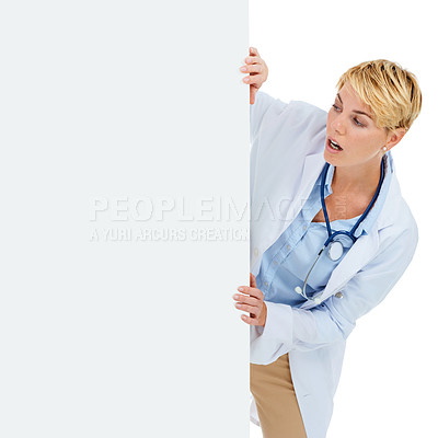 Buy stock photo Doctor, woman and surprise, poster for advertising and healthcare information with board on white background. Medical professional with wow announcement, paper card or mockup space for ads in studio