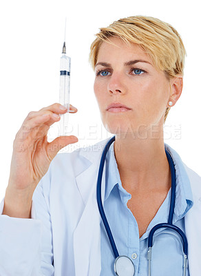 Buy stock photo Woman, doctor and syringe for immunity or vaccine in studio, healthcare and treatment for disease. Medical professional, injection and virus prevention or medication and needle by white background