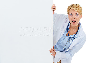Buy stock photo Doctor, woman and wow in portrait, poster for advertising and healthcare info with board on white background. Medical professional with surprise announcement, paper or mockup space for ads in studio