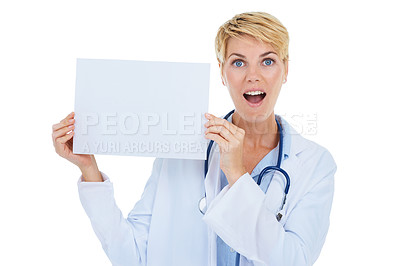 Buy stock photo Doctor, woman and surprise in portrait, poster for advertising and healthcare info with board on white background. Medical professional with wow announcement, paper or mockup space for ads in studio