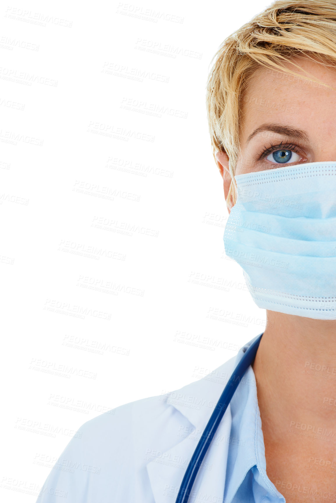 Buy stock photo Woman, doctor and mask for protection from disease in studio, medicare and compliance by white background. Medical professional, healthcare and pandemic or safety ppe for coronavirus and mockup