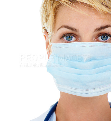 Buy stock photo Woman, doctor and mask for protection from virus in studio, medicare and compliance by white background. Medical professional, healthcare and pandemic or safety ppe for disease and bacteria or flu