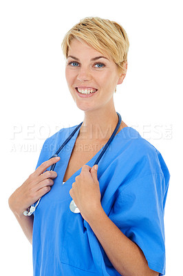 Buy stock photo Woman, doctor and stethoscope for heartbeat and portrait for cardiovascular health in studio by white background. Medical professional, face and equipment for career, listening tool and lung test