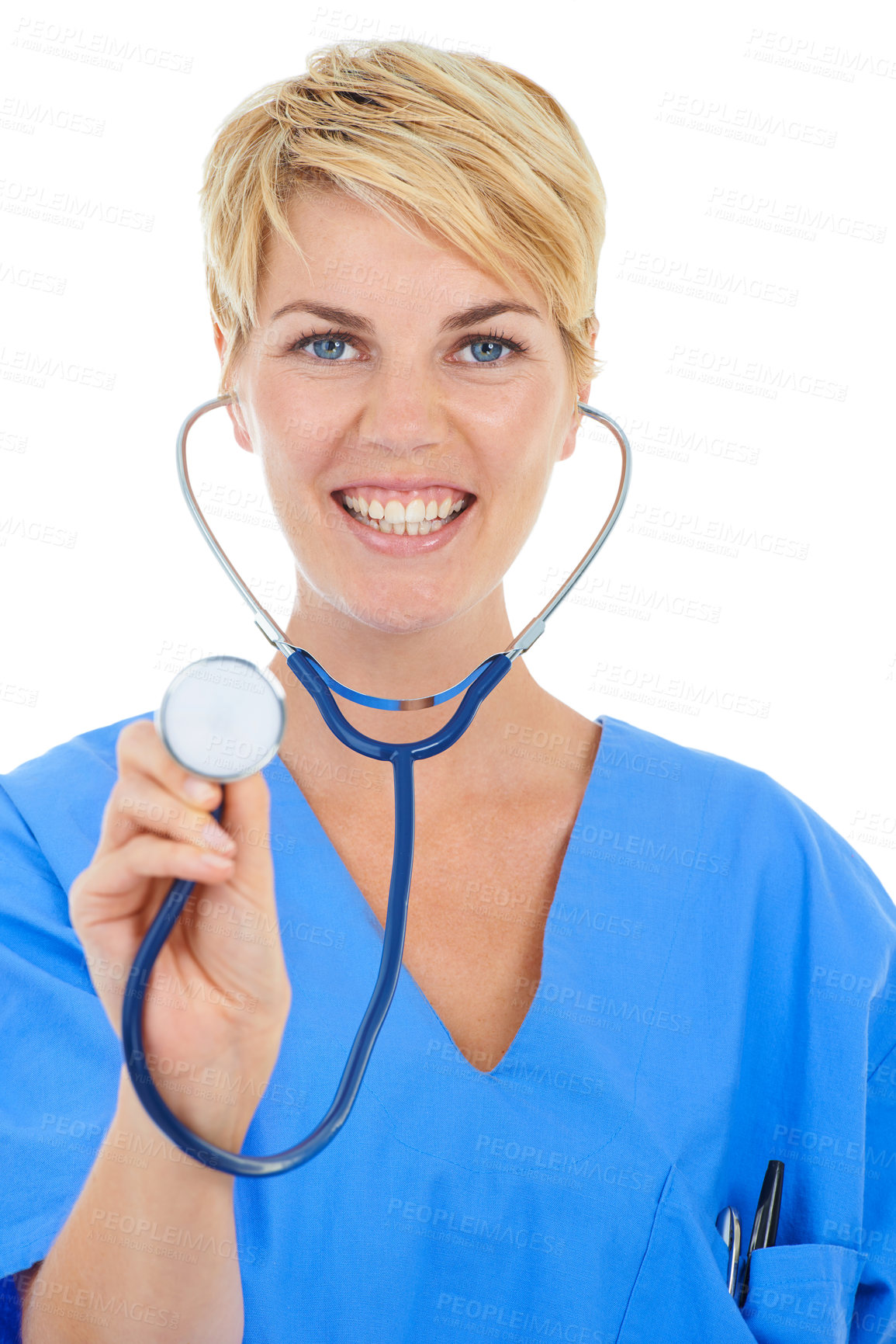 Buy stock photo Doctor, woman and stethoscope in a studio portrait for cardiology, healthcare and support or check. Young, happy nurse listening for health with patient POV and medical services on a white background