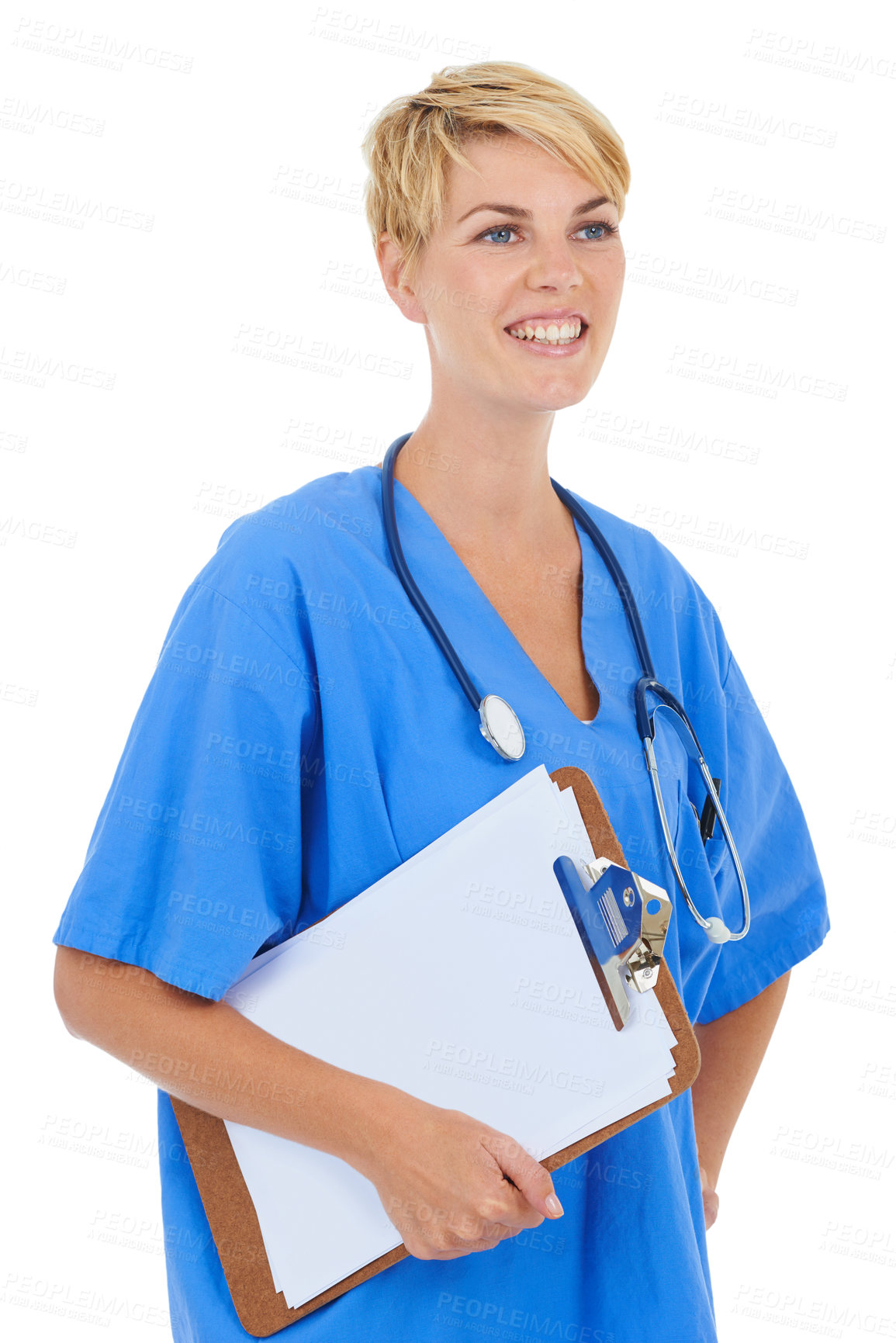 Buy stock photo Woman, doctor thinking and documents in studio for medical research, assessment or clinic checklist. Happy healthcare worker or nurse with services, clipboard and paperwork on a white background