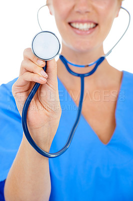 Buy stock photo Woman, doctor and stethoscope for heartbeat and cardiovascular health in studio by white background. Medical professional, healthcare and equipment for career, care and listening tool for lung test