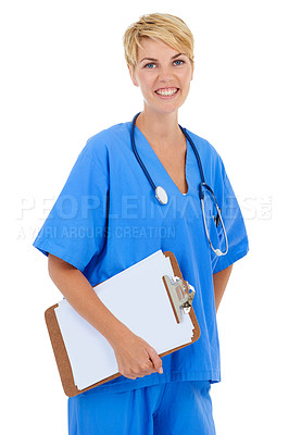 Buy stock photo Woman, nurse and portrait with checklist in studio for medical research, assessment or writing of clinic results. Happy healthcare doctor with notes, clipboard and services on a white background
