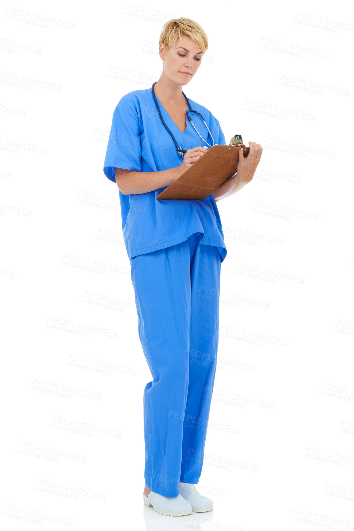 Buy stock photo Doctor, nurse and writing with documents in studio for medical checklist, assessment and consultation. Professional or healthcare woman with notes, clipboard or clinic services on a white background