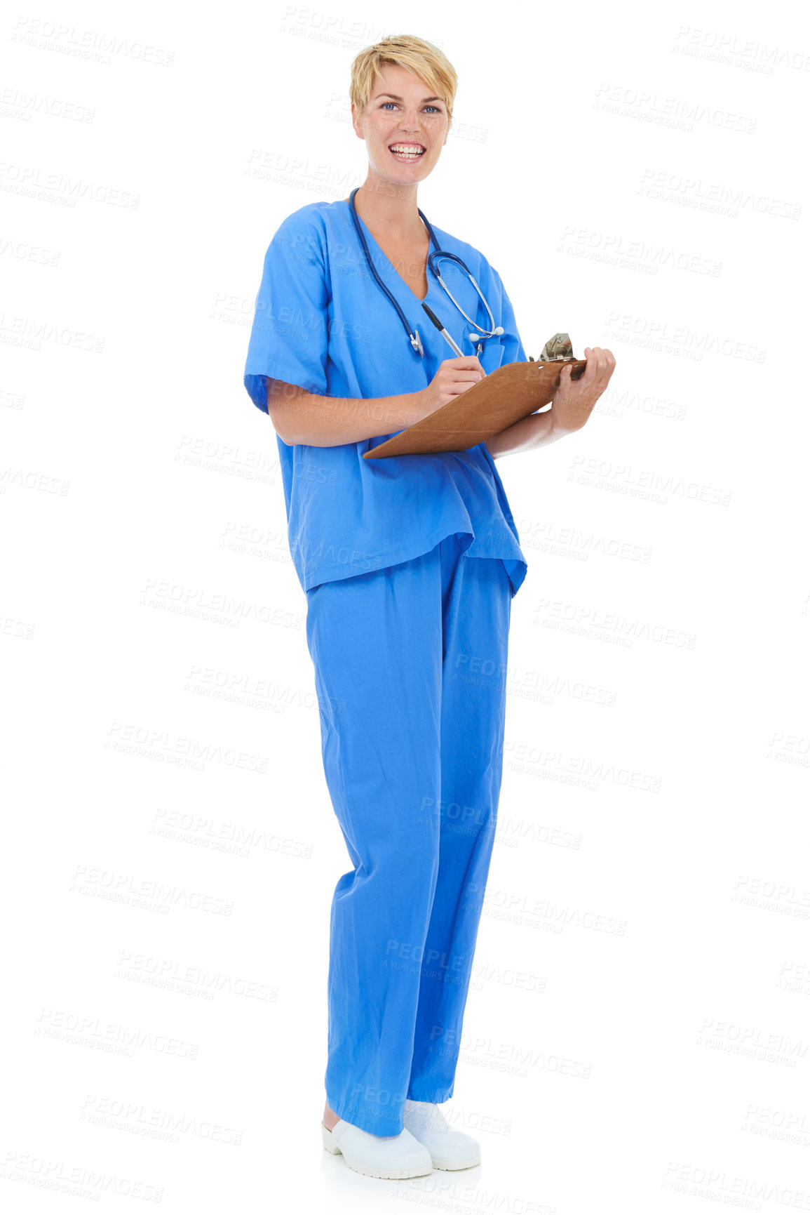 Buy stock photo A young female doctor holding a clipboard against a white background