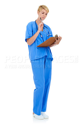 Buy stock photo Woman, doctor and clipboard for thinking on healthcare in studio, checklist and paperwork by white background. Medical professional, documents and insurance agreement for medicare, care and forms
