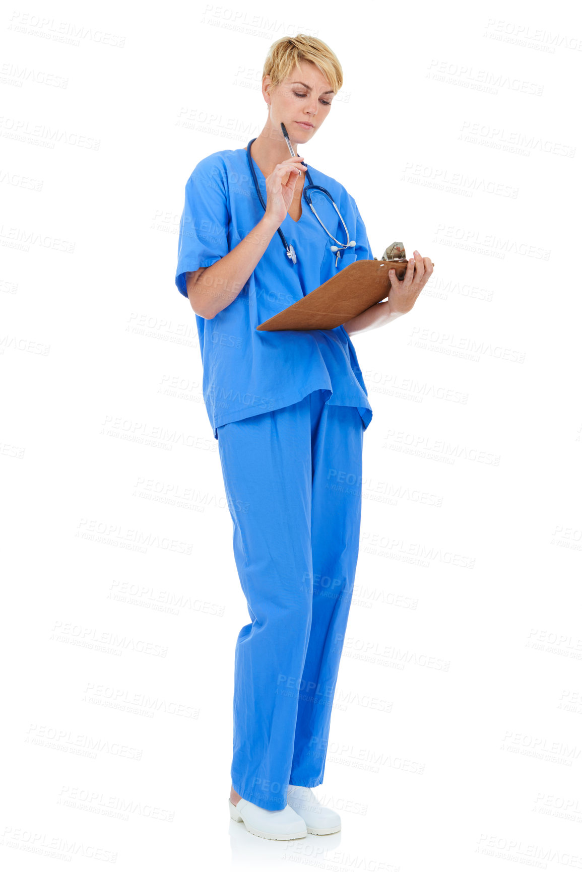 Buy stock photo Woman, doctor and clipboard for thinking on healthcare in studio, checklist and paperwork by white background. Medical professional, documents and insurance agreement for medicare, care and forms