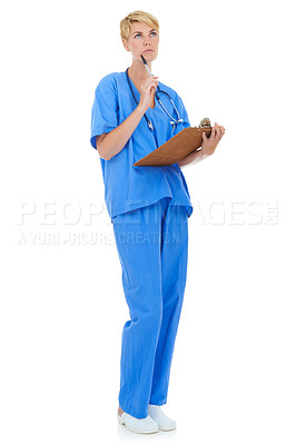 Buy stock photo Woman, nurse thinking and documents in studio for medical research, assessment or clinic checklist. healthcare worker or doctor with service solution, clipboard and paperwork on a white background