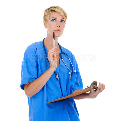 Buy stock photo Doctor, nurse thinking and documents in studio for medical research, assessment or clinic checklist. Healthcare worker or woman with service solution, clipboard and paperwork on a white background