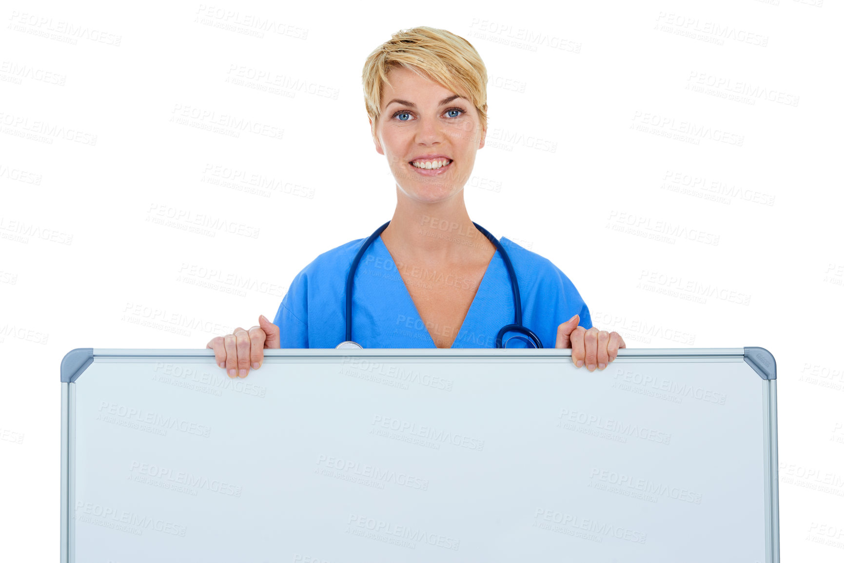 Buy stock photo Doctor, woman and portrait, whiteboard for advertising and healthcare info with presentation on white background. Medical professional with announcement,  mockup space for ads and smile in studio