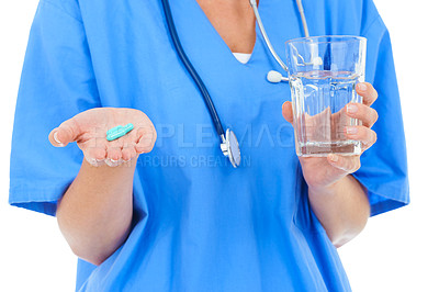 Buy stock photo Hands, glass of water and pills, nurse and healthcare in studio, supplements or vitamins on white background. Health, wellness and medical treatment, person with medication or pharmaceutical drugs 