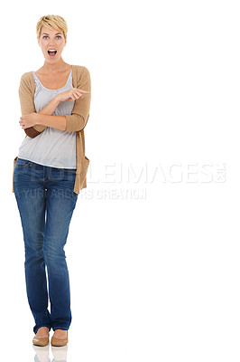 Buy stock photo Happy woman, portrait and pointing in advertising or marketing on a white studio background. Female person, model or blonde in surprise showing notification, alert or special offer on mockup space