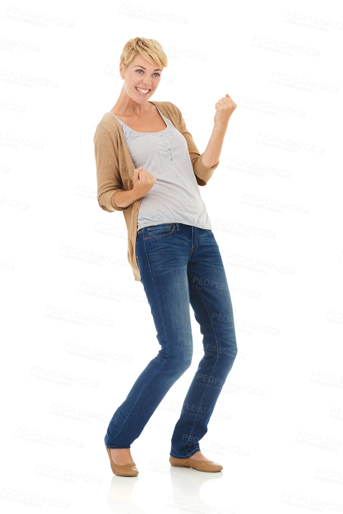 Buy stock photo Happy woman, portrait and fist pump in celebration for winning on a white studio background. Young female person, model or blonde smile for achievement, good news or promotion deal on mockup space