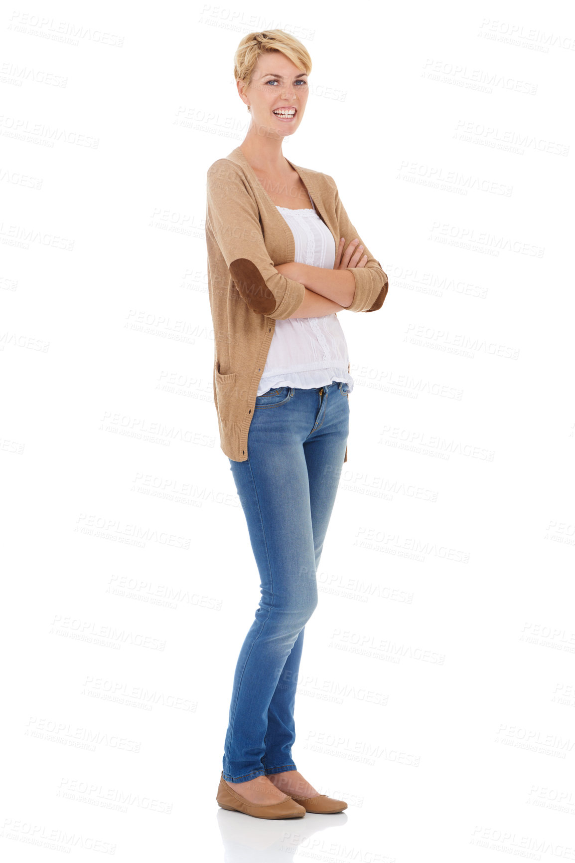 Buy stock photo Happy woman, portrait and fashion standing with arms crossed on a white studio background. Young female person, model or blonde smile in confidence for denim style or casual clothing on mockup space