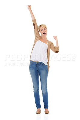 Buy stock photo Happy woman, portrait and fist pump in celebration for good news or winning on a white studio background. Young female person, model or blonde smile for achievement, promotion or deal on mockup space