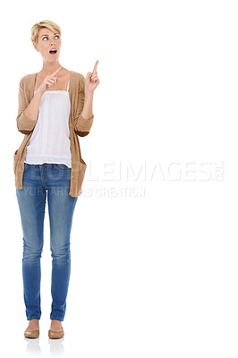 Buy stock photo Happy woman, pointing up and advertising in marketing or fashion on a white studio background. Female person, model or blonde in surprise showing notification, alert or special offer on mockup space