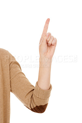 Buy stock photo Person, hand and finger pointing with idea, solution or question on a white studio background. Closeup of raised arm for number, gesture or problem solving with answer or touch on mockup space