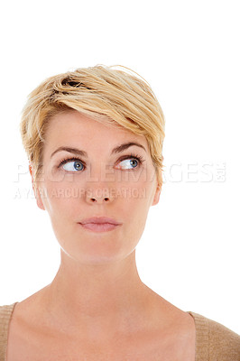 Buy stock photo Woman, face and thinking for choice, decision or question on a white studio background. Closeup of female person, model or blonde in wonder or thought for selection, idea or doubt on mockup space