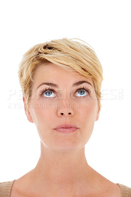 Buy stock photo Woman, face and thinking for decision, idea or question on a white studio background. Closeup of female person, model or blonde looking up in wonder or thought for selection or alert on mockup space