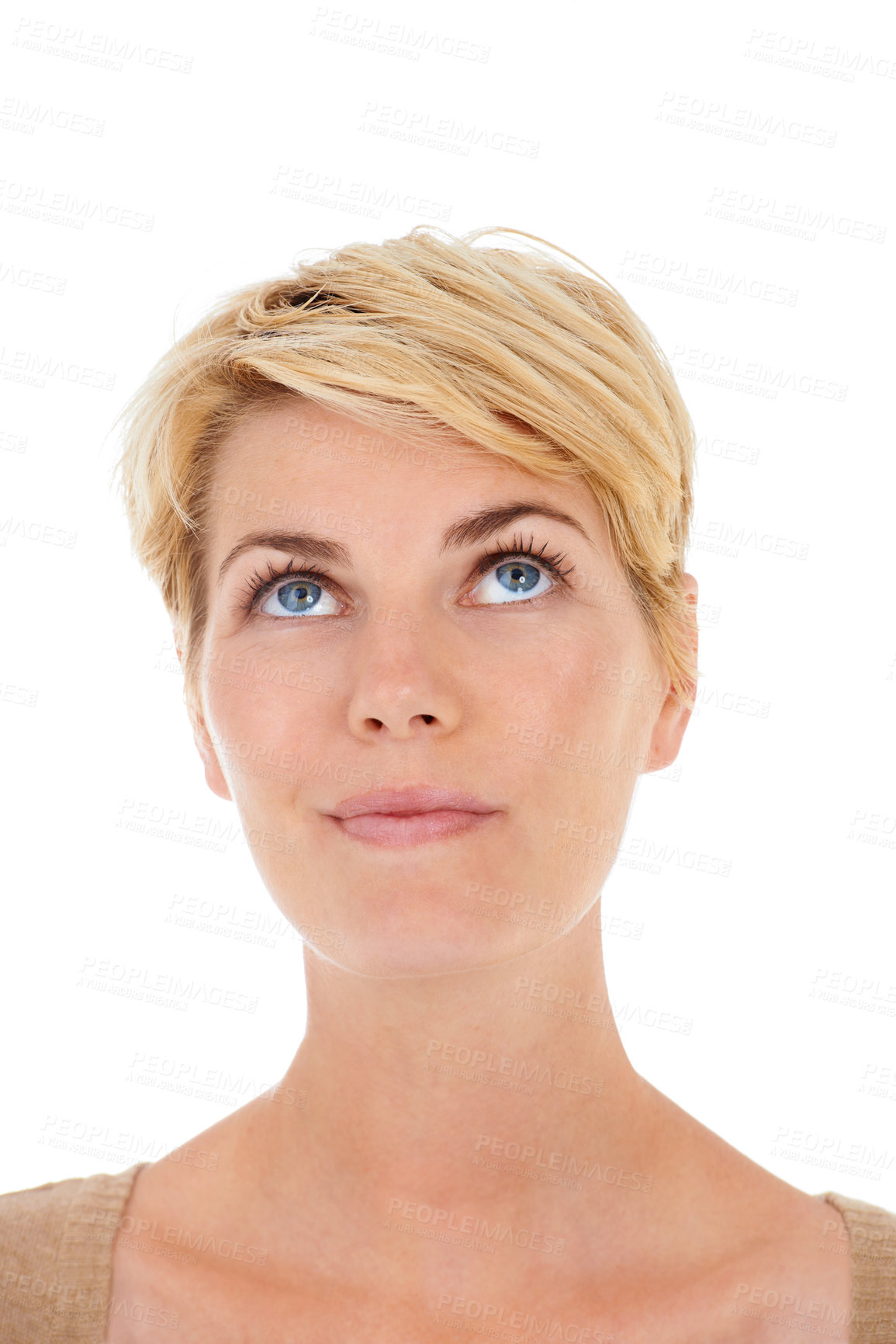 Buy stock photo Woman, face and thinking for decision, idea or question on a white studio background. Closeup of female person, model or blonde looking up in wonder or thought for alert or brainstorming on mockup